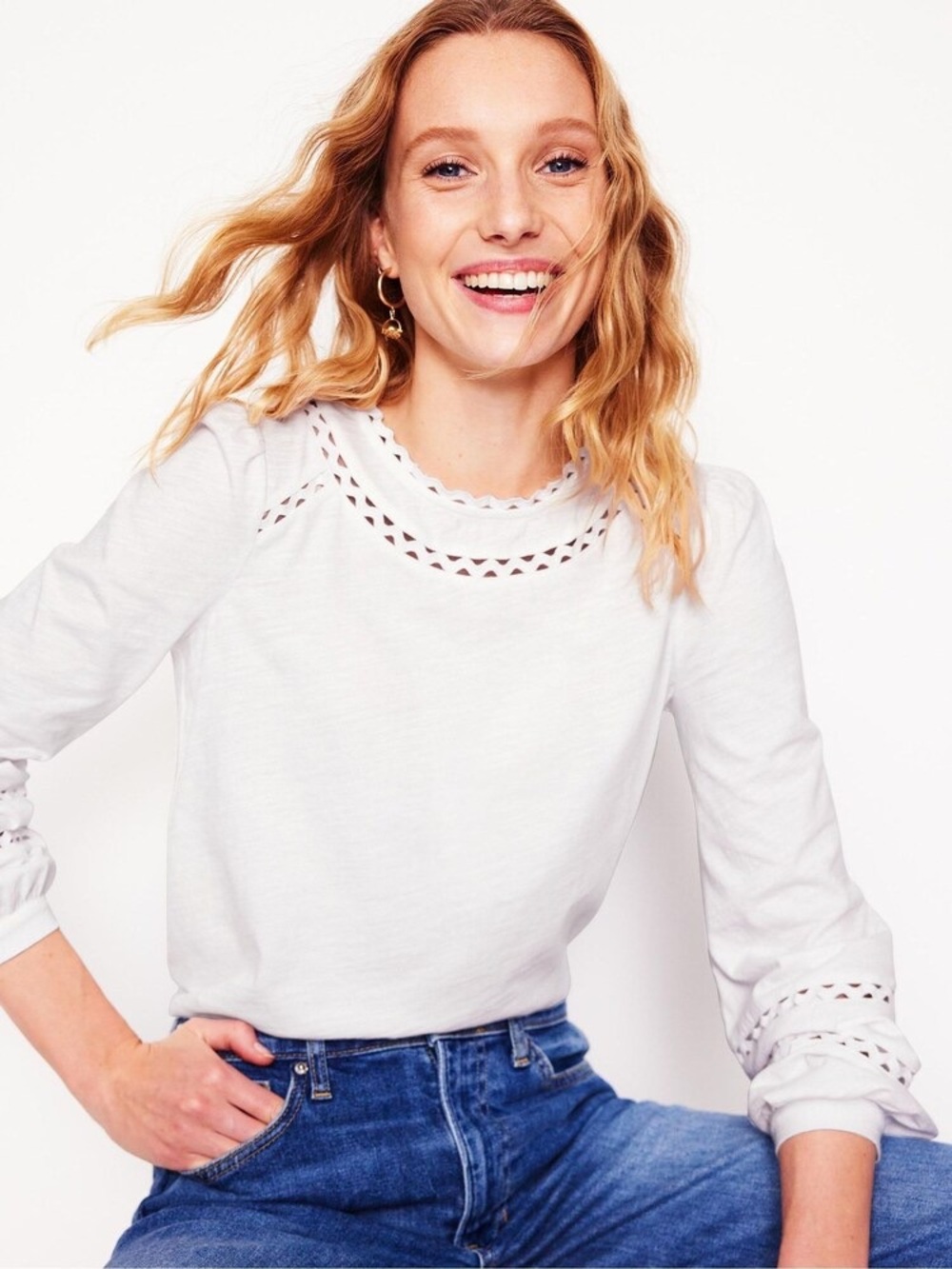 Boden Daisy Long Sleeve 100% Cotton Top in White Size 12 VGUC